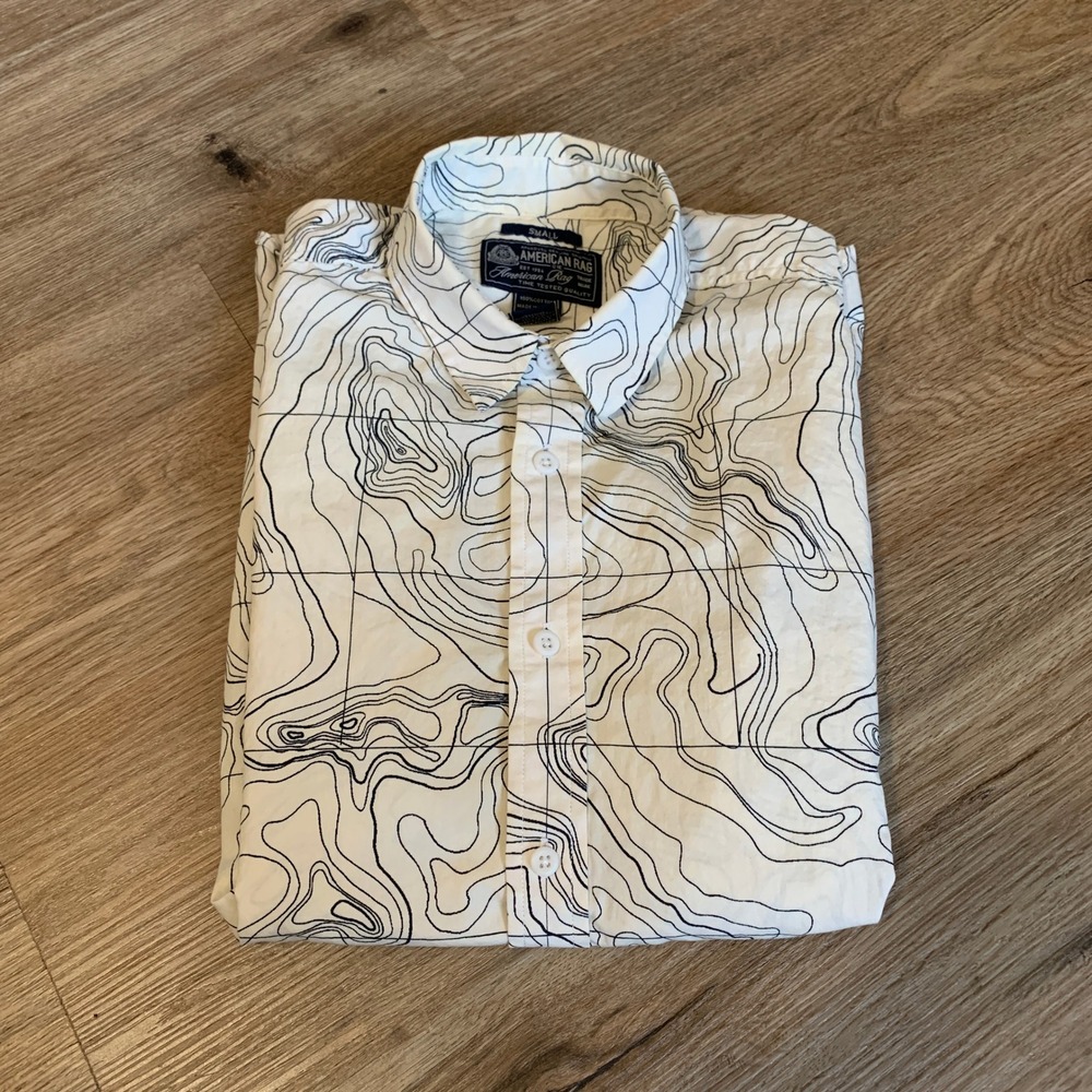 American Rag Mens Topographic Map Print Cotton Button Down Shirt White Small
